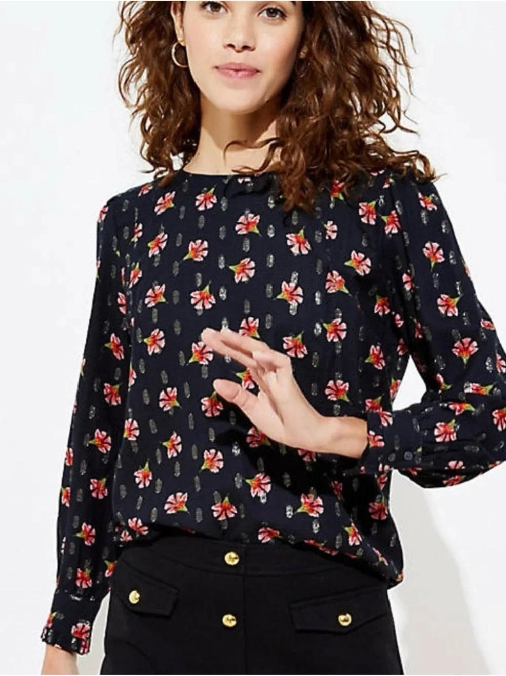 Loft floral puff sleeve blouse size L